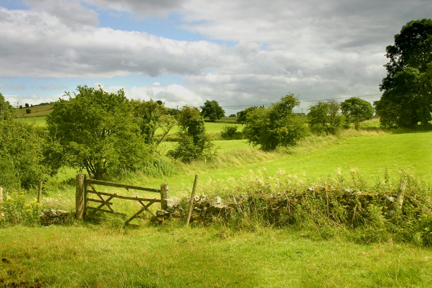 A rustic wooden gate and stone wall stand in a grassy field.